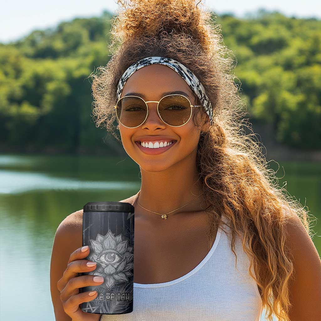 Khonsu 4 in 1 Can Cooler Tumbler Ancient Egyptian Dark Feather Pattern, Moonlit Raven Symbol, and Eye Lotus - African Pride