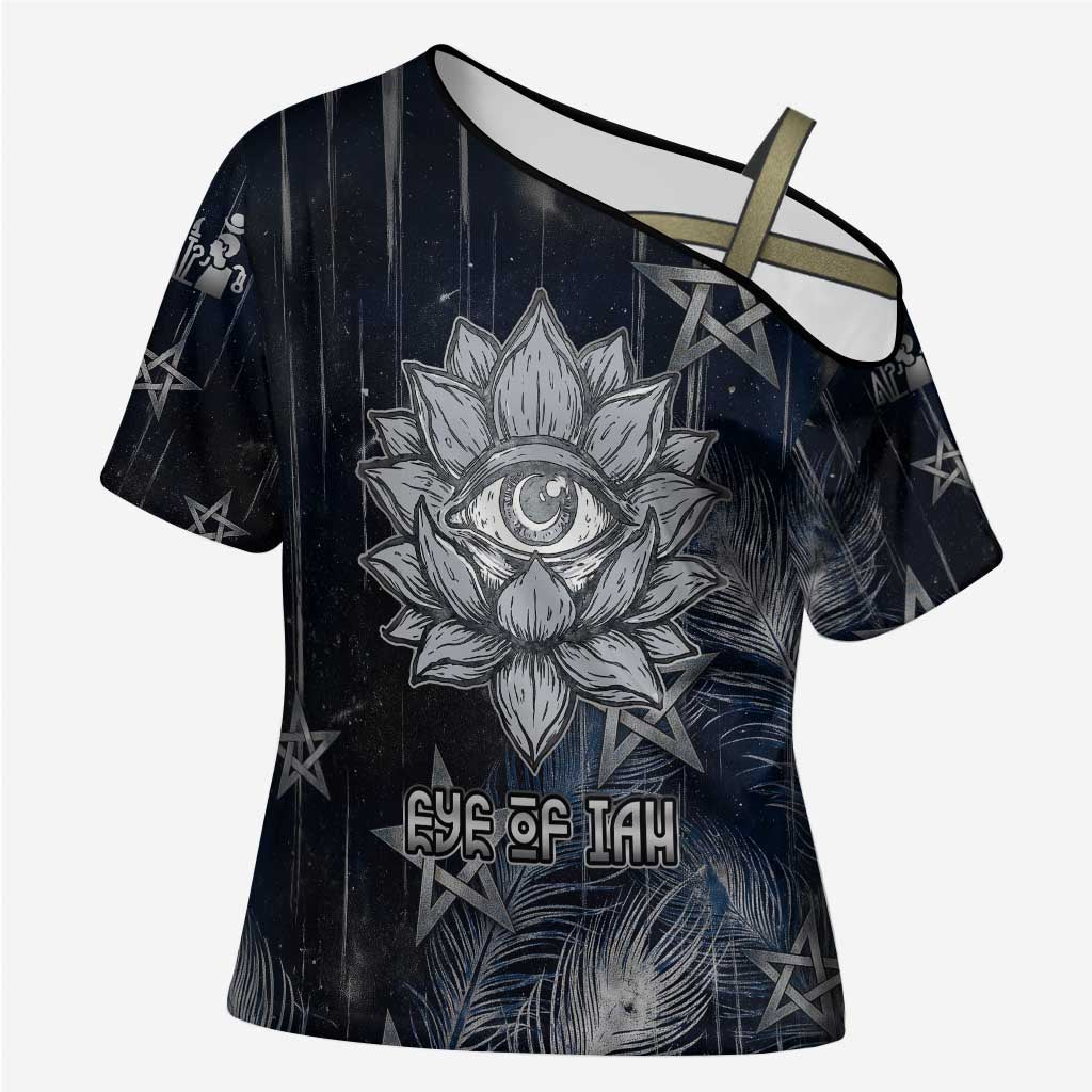 Khonsu Cross Shoulder Shirt Ancient Egyptian Dark Feather Pattern, Moonlit Raven Symbol, and Eye Lotus - African Pride
