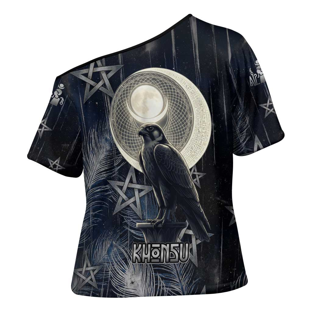 Khonsu Cross Shoulder Shirt Ancient Egyptian Dark Feather Pattern, Moonlit Raven Symbol, and Eye Lotus - African Pride