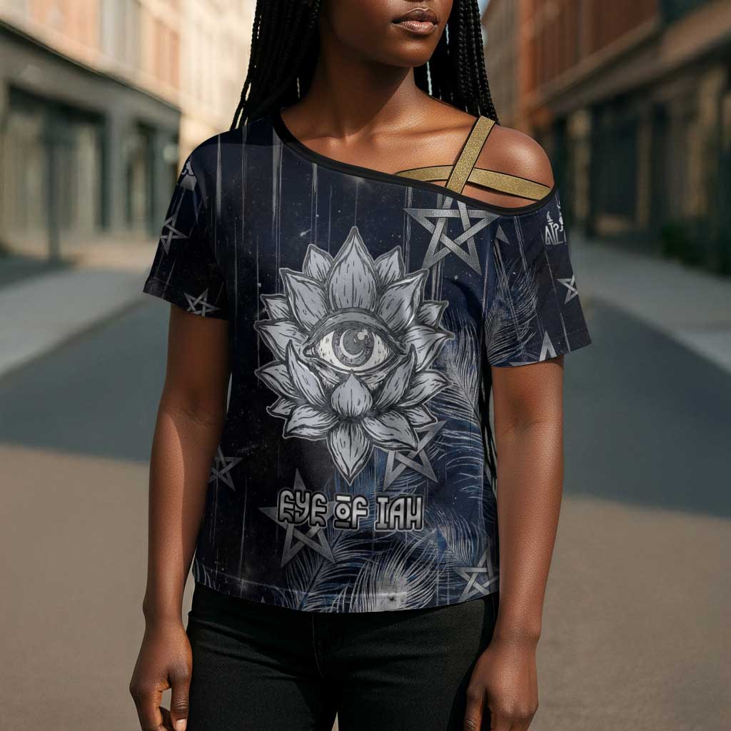 Khonsu Cross Shoulder Shirt Ancient Egyptian Dark Feather Pattern, Moonlit Raven Symbol, and Eye Lotus - African Pride
