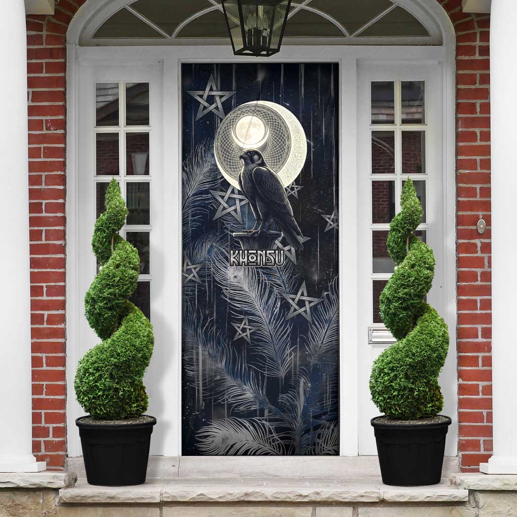 Khonsu Door Cover Ancient Egyptian Dark Feather Pattern, Moonlit Raven Symbol, and Eye Lotus - African Pride