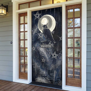 Khonsu Door Cover Ancient Egyptian Dark Feather Pattern, Moonlit Raven Symbol, and Eye Lotus - African Pride