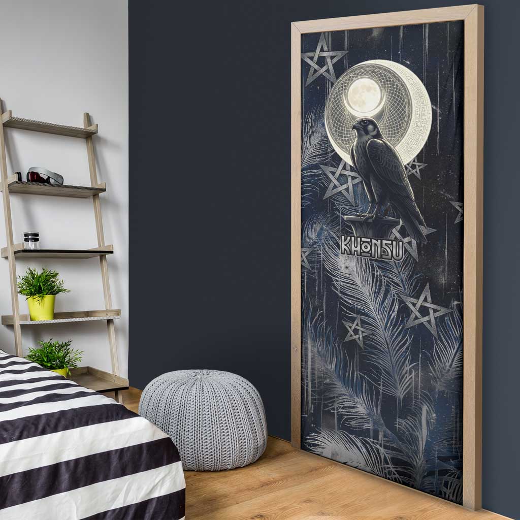Khonsu Door Cover Ancient Egyptian Dark Feather Pattern, Moonlit Raven Symbol, and Eye Lotus - African Pride
