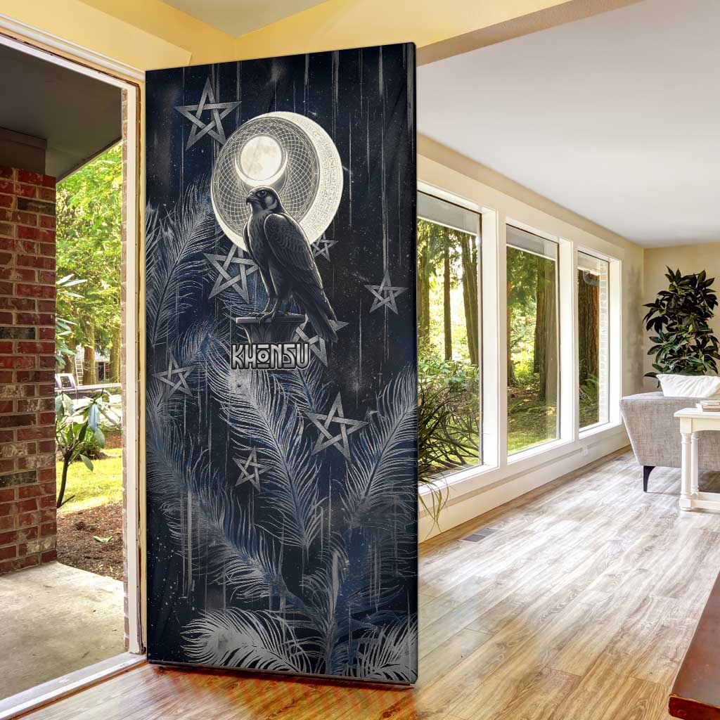 Khonsu Door Cover Ancient Egyptian Dark Feather Pattern, Moonlit Raven Symbol, and Eye Lotus - African Pride