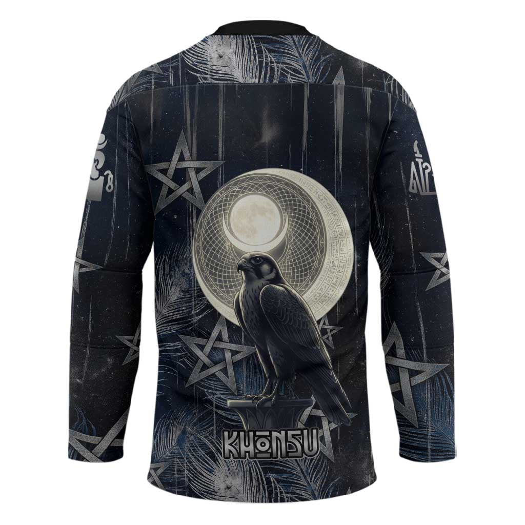 Khonsu Hockey Jersey Ancient Egyptian Dark Feather Pattern, Moonlit Raven Symbol, and Eye Lotus - African Pride