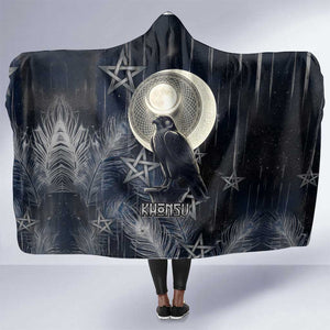 Khonsu Hooded Blanket Ancient Egyptian Dark Feather Pattern, Moonlit Raven Symbol, and Eye Lotus - African Pride