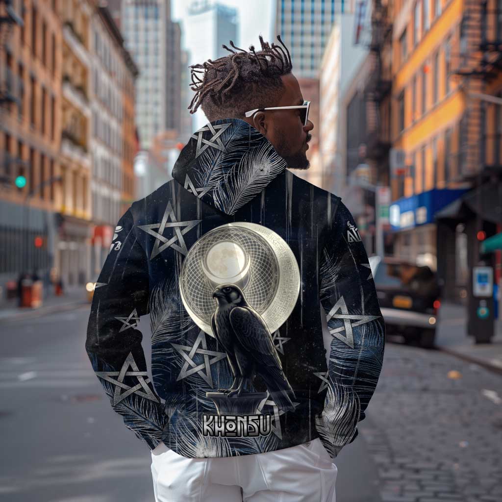 Khonsu Hoodie Ancient Egyptian Dark Feather Pattern, Moonlit Raven Symbol, and Eye Lotus - African Pride