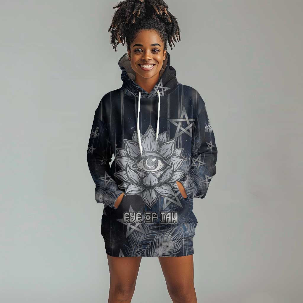 Khonsu Hoodie Dress Ancient Egyptian Dark Feather Pattern, Moonlit Raven Symbol, and Eye Lotus - African Pride