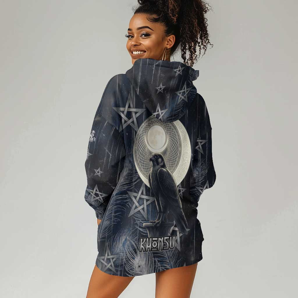 Khonsu Hoodie Dress Ancient Egyptian Dark Feather Pattern, Moonlit Raven Symbol, and Eye Lotus - African Pride