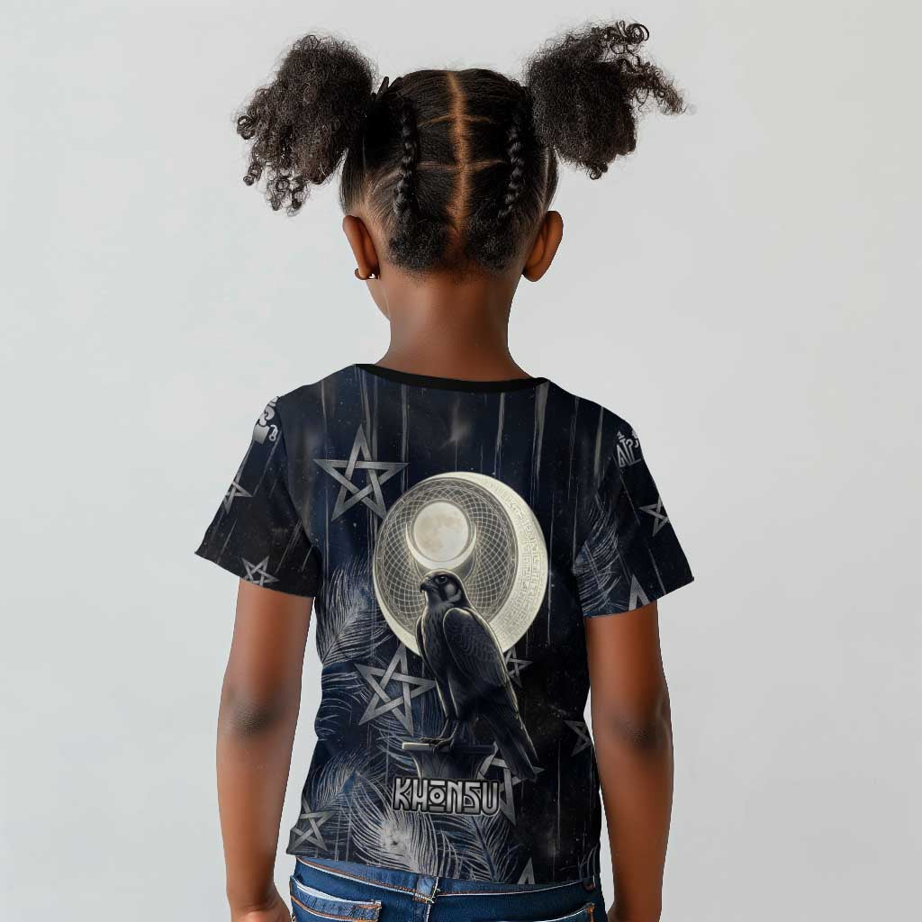 Khonsu Kid T shirt Ancient Egyptian Dark Feather Pattern, Moonlit Raven Symbol, and Eye Lotus - African Pride