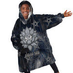 Khonsu Kid Wearable Blanket Hoodie Ancient Egyptian Dark Feather Pattern, Moonlit Raven Symbol, and Eye Lotus - African Pride