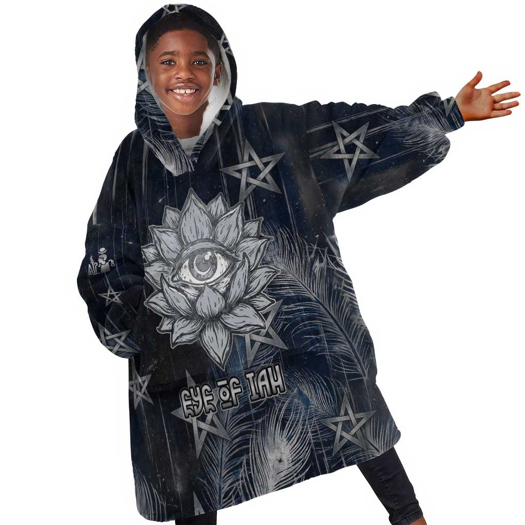 Khonsu Kid Wearable Blanket Hoodie Ancient Egyptian Dark Feather Pattern, Moonlit Raven Symbol, and Eye Lotus - African Pride