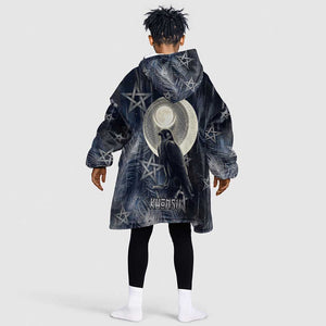 Khonsu Kid Wearable Blanket Hoodie Ancient Egyptian Dark Feather Pattern, Moonlit Raven Symbol, and Eye Lotus - African Pride