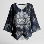 Khonsu Kimono Sleeve Blouse Ancient Egyptian Dark Feather Pattern, Moonlit Raven Symbol, and Eye Lotus - African Pride