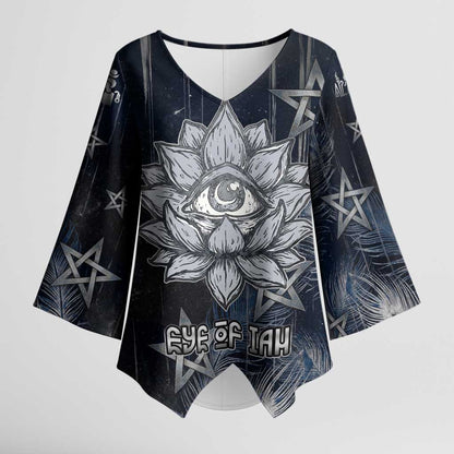 Khonsu Kimono Sleeve Blouse Ancient Egyptian Dark Feather Pattern, Moonlit Raven Symbol, and Eye Lotus - African Pride