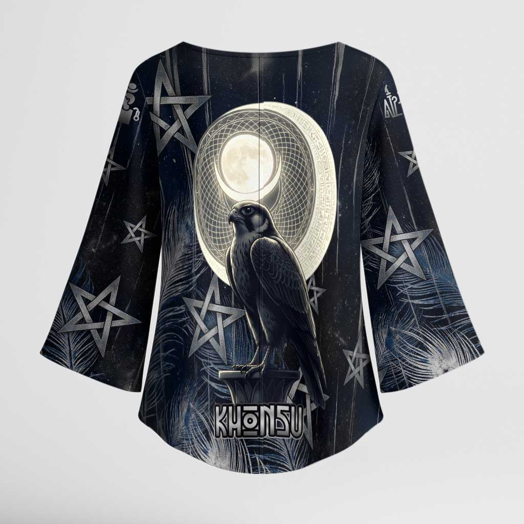 Khonsu Kimono Sleeve Blouse Ancient Egyptian Dark Feather Pattern, Moonlit Raven Symbol, and Eye Lotus - African Pride