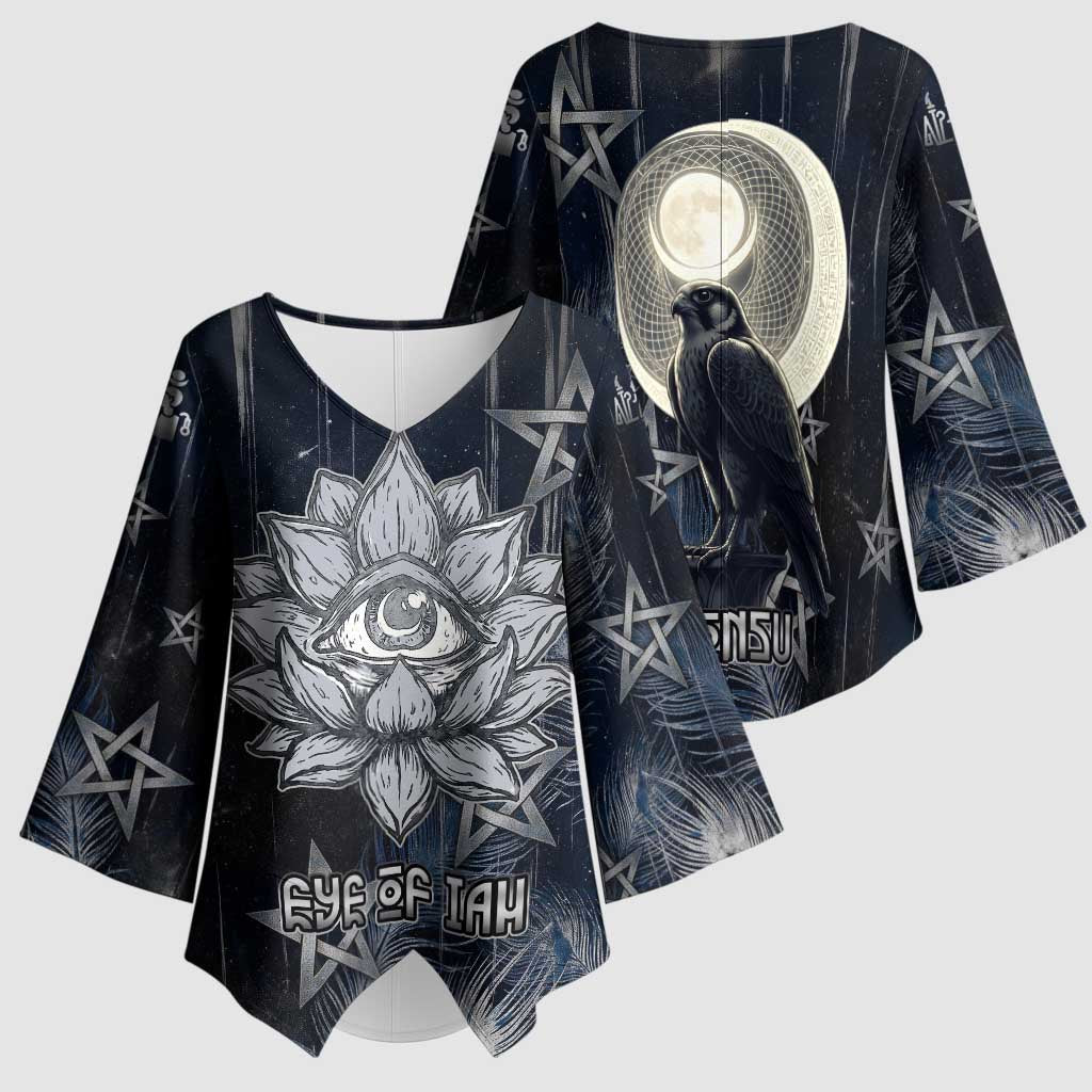 Khonsu Kimono Sleeve Blouse Ancient Egyptian Dark Feather Pattern, Moonlit Raven Symbol, and Eye Lotus - African Pride
