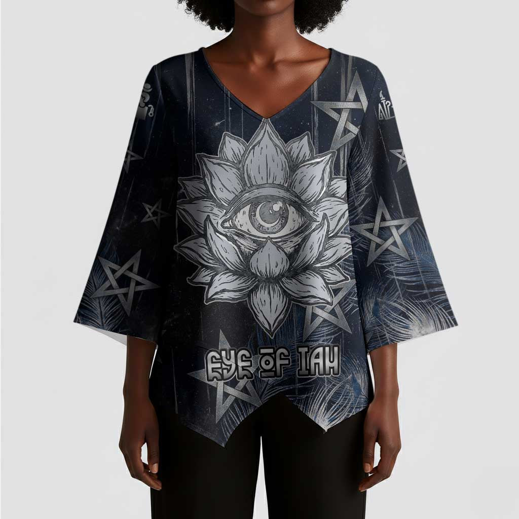 Khonsu Kimono Sleeve Blouse Ancient Egyptian Dark Feather Pattern, Moonlit Raven Symbol, and Eye Lotus - African Pride