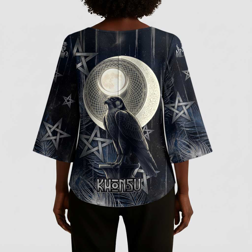 Khonsu Kimono Sleeve Blouse Ancient Egyptian Dark Feather Pattern, Moonlit Raven Symbol, and Eye Lotus - African Pride