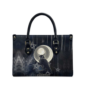Khonsu Leather Bag Ancient Egyptian Dark Feather Pattern, Moonlit Raven Symbol, and Eye Lotus - African Pride