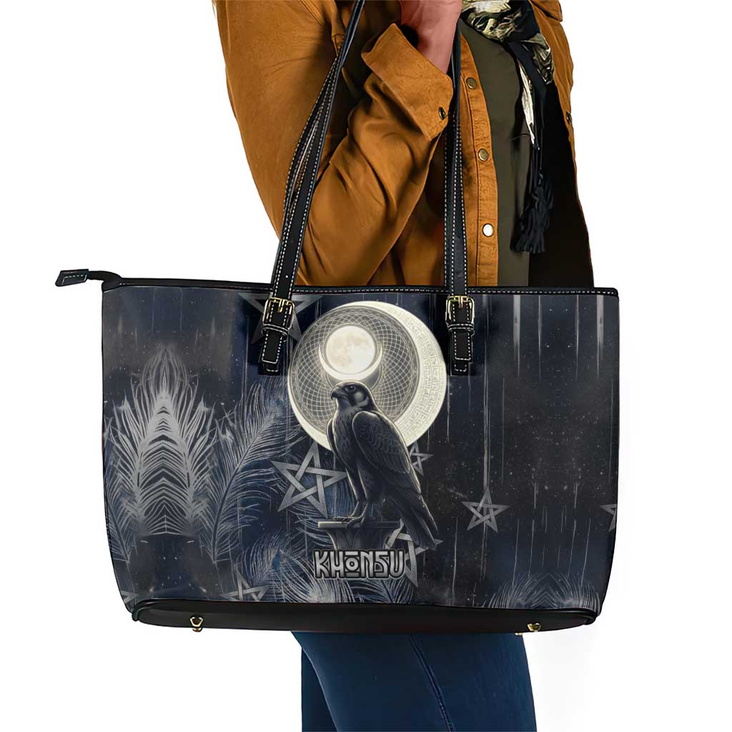 Khonsu Leather Tote Bag Ancient Egyptian Dark Feather Pattern, Moonlit Raven Symbol, and Eye Lotus - African Pride