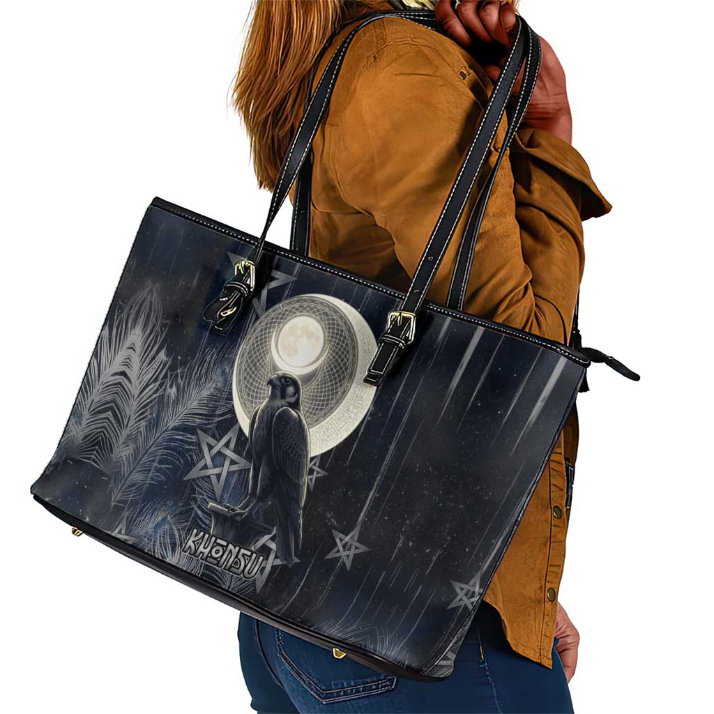 Khonsu Leather Tote Bag Ancient Egyptian Dark Feather Pattern, Moonlit Raven Symbol, and Eye Lotus - African Pride