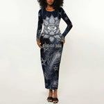 Khonsu Long Sleeve Bodycon Dress Ancient Egyptian Dark Feather Pattern, Moonlit Raven Symbol, and Eye Lotus - African Pride