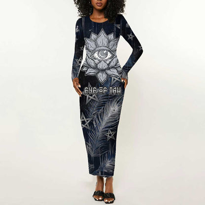 Khonsu Long Sleeve Bodycon Dress Ancient Egyptian Dark Feather Pattern, Moonlit Raven Symbol, and Eye Lotus - African Pride