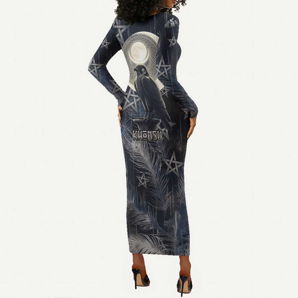 Khonsu Long Sleeve Bodycon Dress Ancient Egyptian Dark Feather Pattern, Moonlit Raven Symbol, and Eye Lotus - African Pride