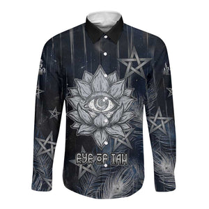Khonsu Long Sleeve Button Shirt Ancient Egyptian Dark Feather Pattern, Moonlit Raven Symbol, and Eye Lotus - African Pride