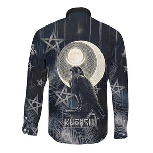 Khonsu Long Sleeve Button Shirt Ancient Egyptian Dark Feather Pattern, Moonlit Raven Symbol, and Eye Lotus - African Pride