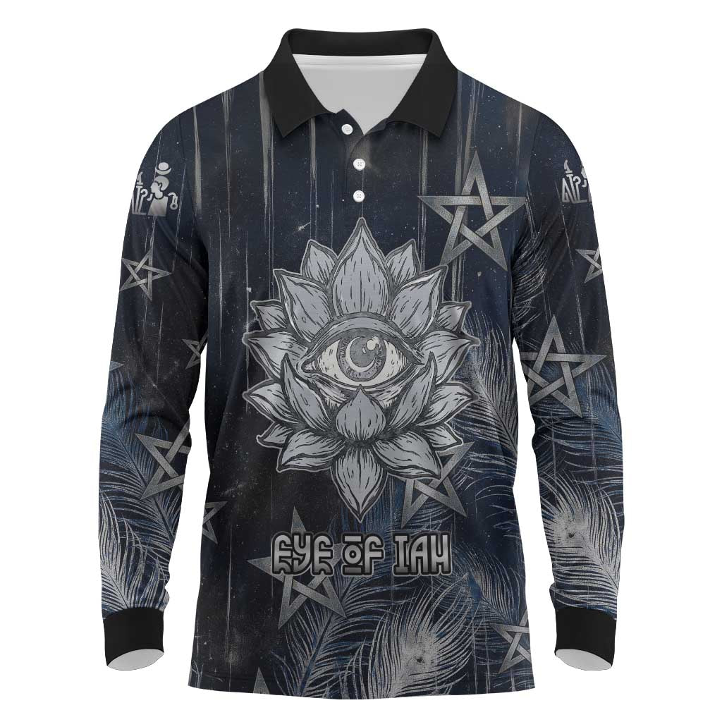 Khonsu Long Sleeve Polo Shirt Ancient Egyptian Dark Feather Pattern, Moonlit Raven Symbol, and Eye Lotus - African Pride