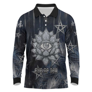Khonsu Long Sleeve Polo Shirt Ancient Egyptian Dark Feather Pattern, Moonlit Raven Symbol, and Eye Lotus - African Pride
