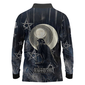 Khonsu Long Sleeve Polo Shirt Ancient Egyptian Dark Feather Pattern, Moonlit Raven Symbol, and Eye Lotus - African Pride