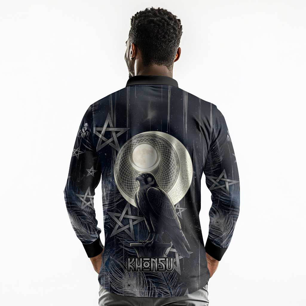 Khonsu Long Sleeve Polo Shirt Ancient Egyptian Dark Feather Pattern, Moonlit Raven Symbol, and Eye Lotus - African Pride