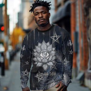 Khonsu Long Sleeve Shirt Ancient Egyptian Dark Feather Pattern, Moonlit Raven Symbol, and Eye Lotus - African Pride