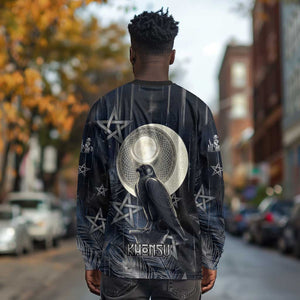 Khonsu Long Sleeve Shirt Ancient Egyptian Dark Feather Pattern, Moonlit Raven Symbol, and Eye Lotus - African Pride