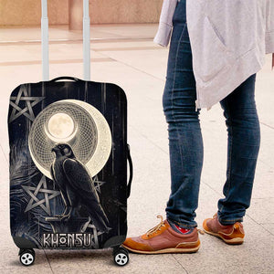 Khonsu Luggage Cover Ancient Egyptian Dark Feather Pattern, Moonlit Raven Symbol, and Eye Lotus - African Pride