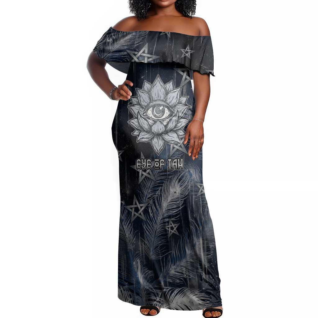 Khonsu Off Shoulder Maxi Dress Ancient Egyptian Dark Feather Pattern, Moonlit Raven Symbol, and Eye Lotus - African Pride