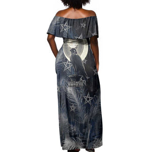Khonsu Off Shoulder Maxi Dress Ancient Egyptian Dark Feather Pattern, Moonlit Raven Symbol, and Eye Lotus - African Pride