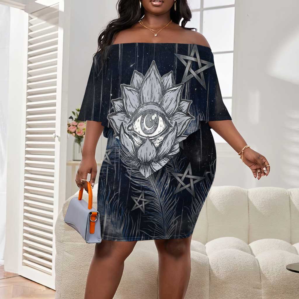 Khonsu Off Shoulder Short Dress Ancient Egyptian Dark Feather Pattern, Moonlit Raven Symbol, and Eye Lotus - African Pride