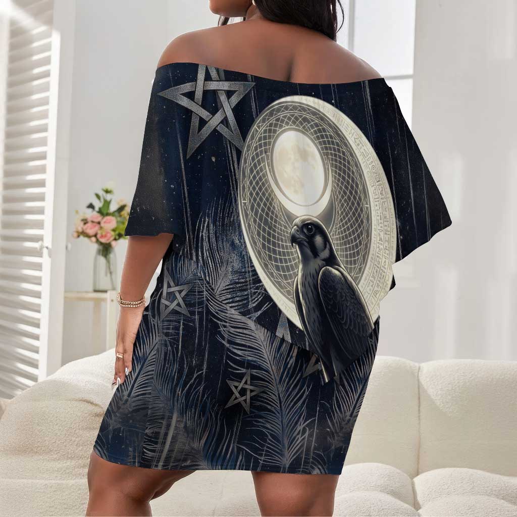 Khonsu Off Shoulder Short Dress Ancient Egyptian Dark Feather Pattern, Moonlit Raven Symbol, and Eye Lotus - African Pride