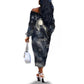 Khonsu Off The Shoulder Long Sleeve Dress Ancient Egyptian Dark Feather Pattern, Moonlit Raven Symbol, and Eye Lotus - African Pride