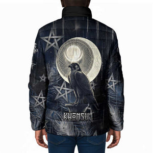 Khonsu Padded Jacket Ancient Egyptian Dark Feather Pattern, Moonlit Raven Symbol, and Eye Lotus - African Pride