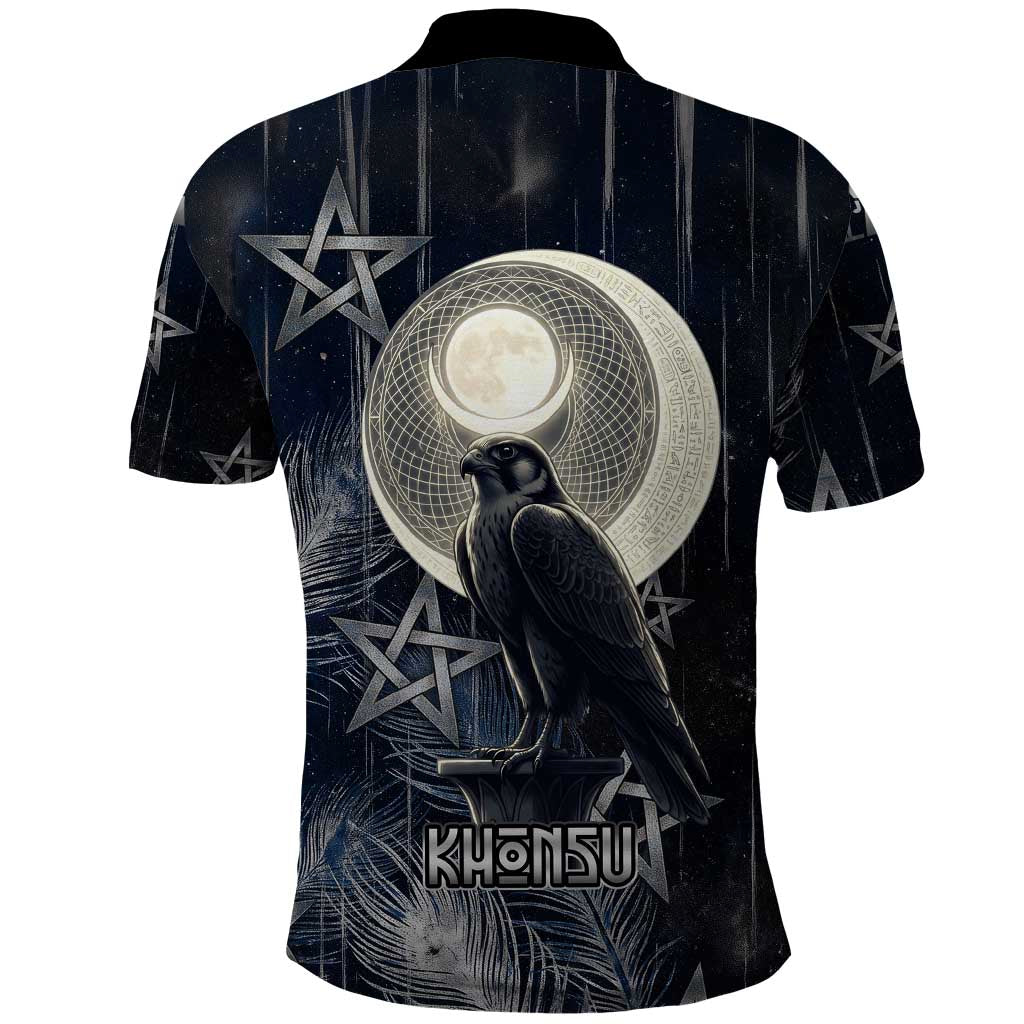 Khonsu Polo Shirt Ancient Egyptian Dark Feather Pattern, Moonlit Raven Symbol, and Eye Lotus - African Pride