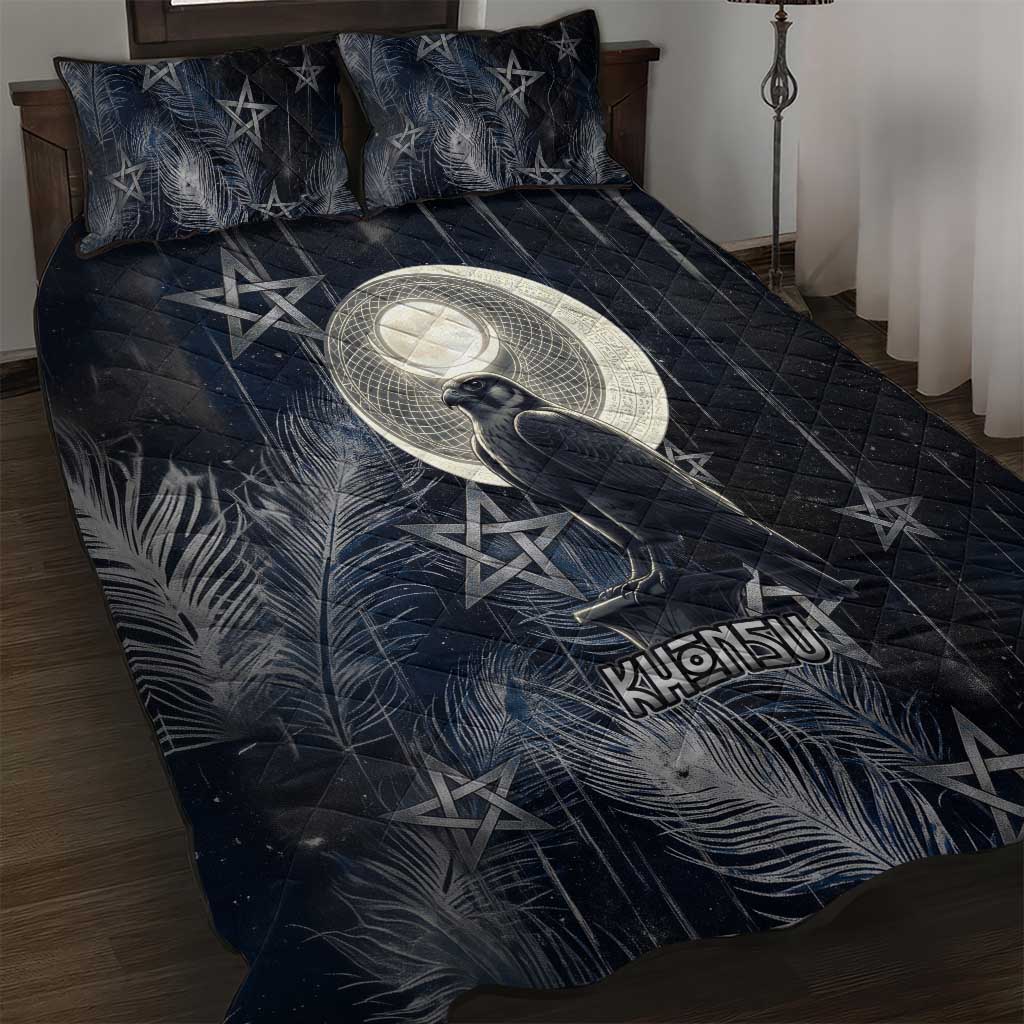 Khonsu Quilt Bed Set Ancient Egyptian Dark Feather Pattern, Moonlit Raven Symbol, and Eye Lotus - African Pride