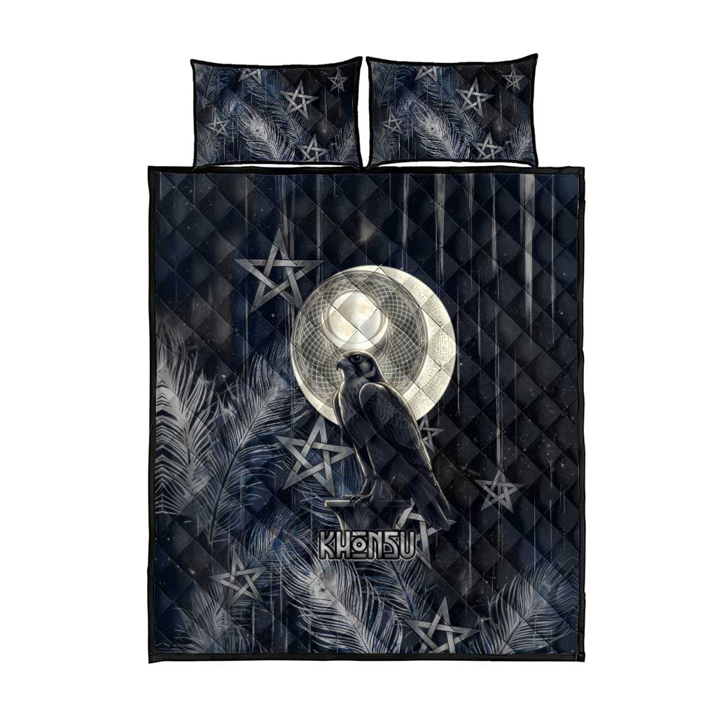 Khonsu Quilt Bed Set Ancient Egyptian Dark Feather Pattern, Moonlit Raven Symbol, and Eye Lotus - African Pride