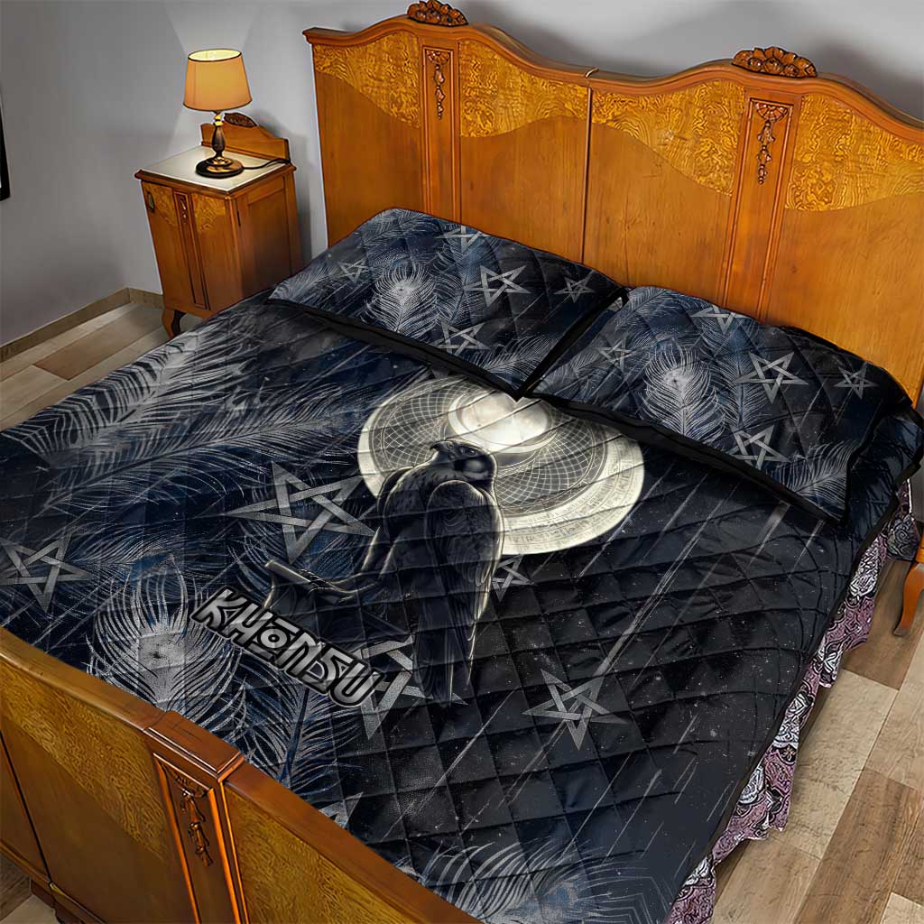 Khonsu Quilt Bed Set Ancient Egyptian Dark Feather Pattern, Moonlit Raven Symbol, and Eye Lotus - African Pride