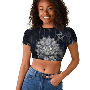 Khonsu Raglan Cropped T shirt Ancient Egyptian Dark Feather Pattern, Moonlit Raven Symbol, and Eye Lotus - African Pride