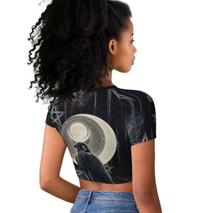 Khonsu Raglan Cropped T shirt Ancient Egyptian Dark Feather Pattern, Moonlit Raven Symbol, and Eye Lotus - African Pride